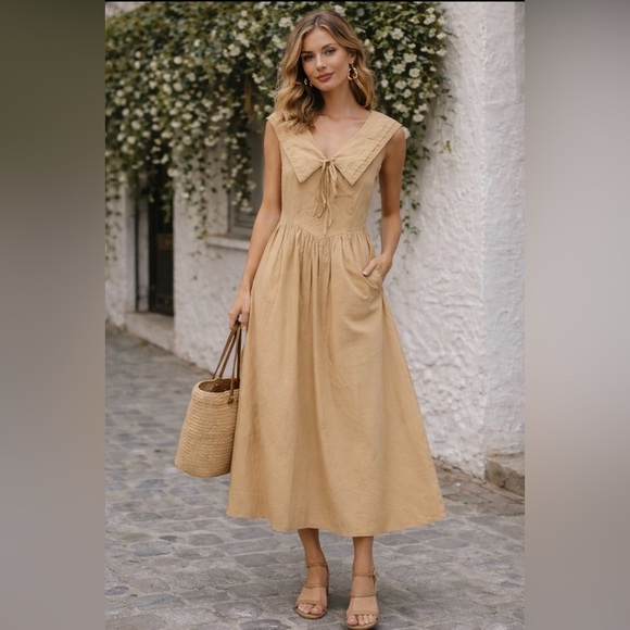Boheme Dresses & Skirts - Boheme Tan Midi Dress with Bow Detail